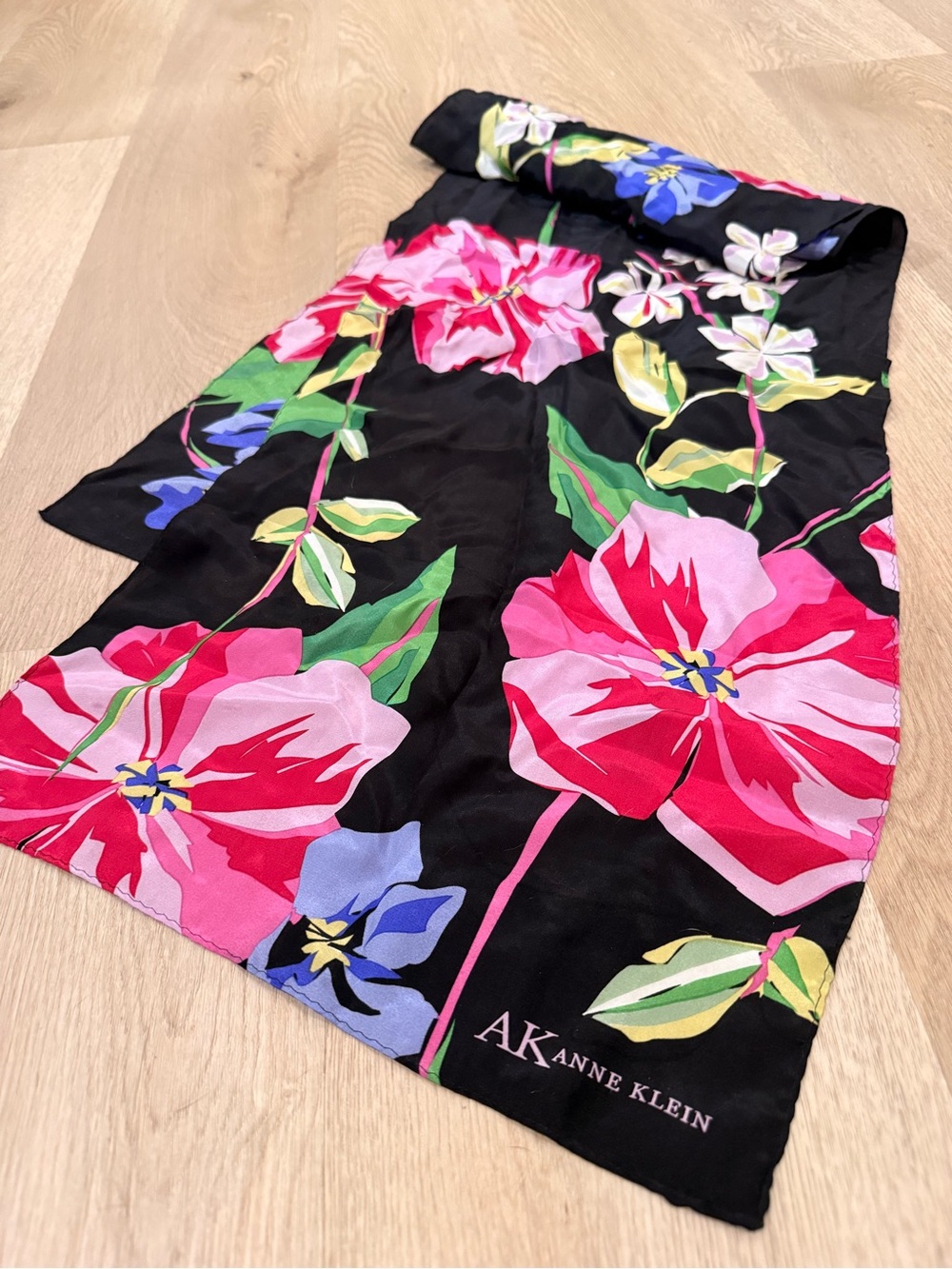 Anne Klein Black Floral Silk Scarf with Pink and Green Blooms